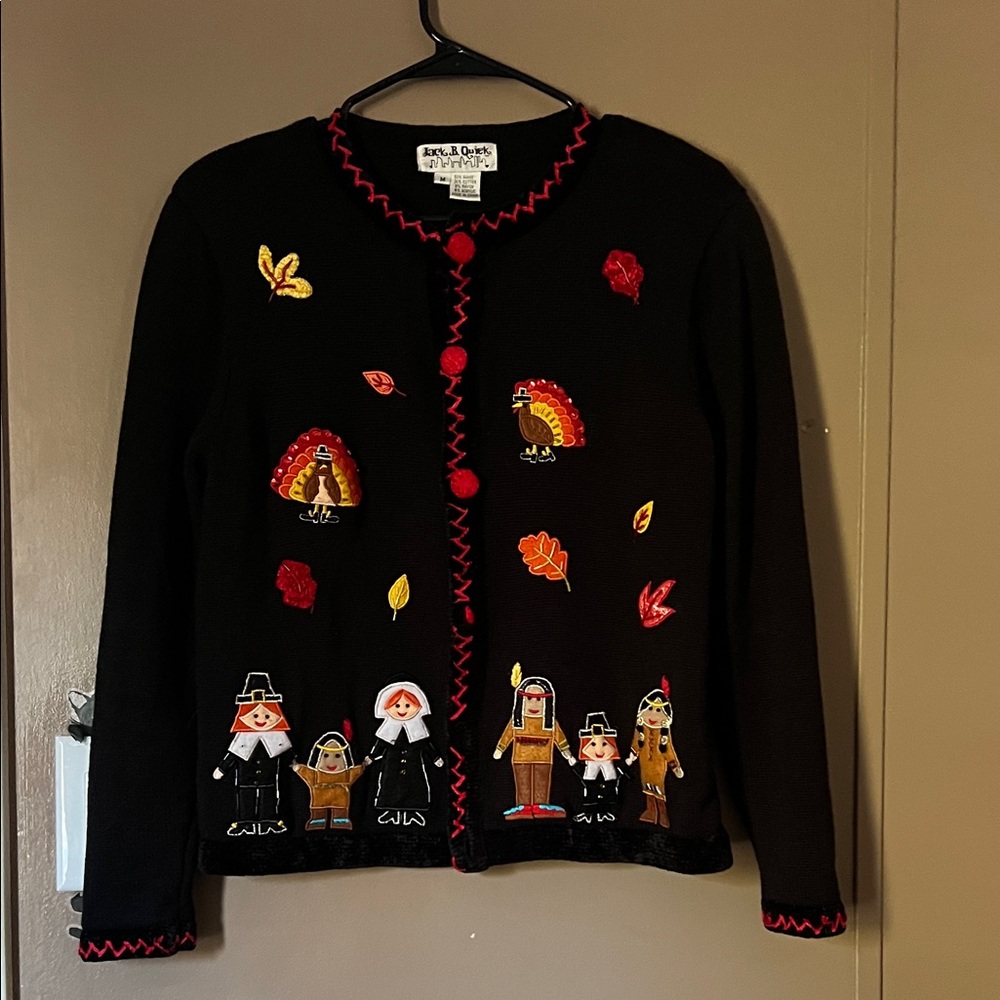 Black Cardigan with Thanksgiving Embroidery